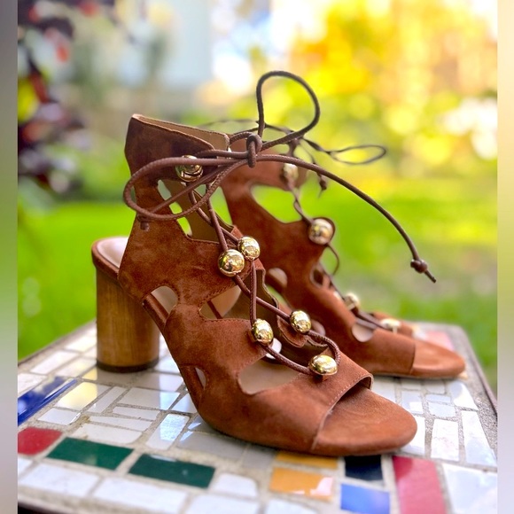 Rebecca Minkoff suede lace up open toe chunky wood column heels - Picture 4 of 7